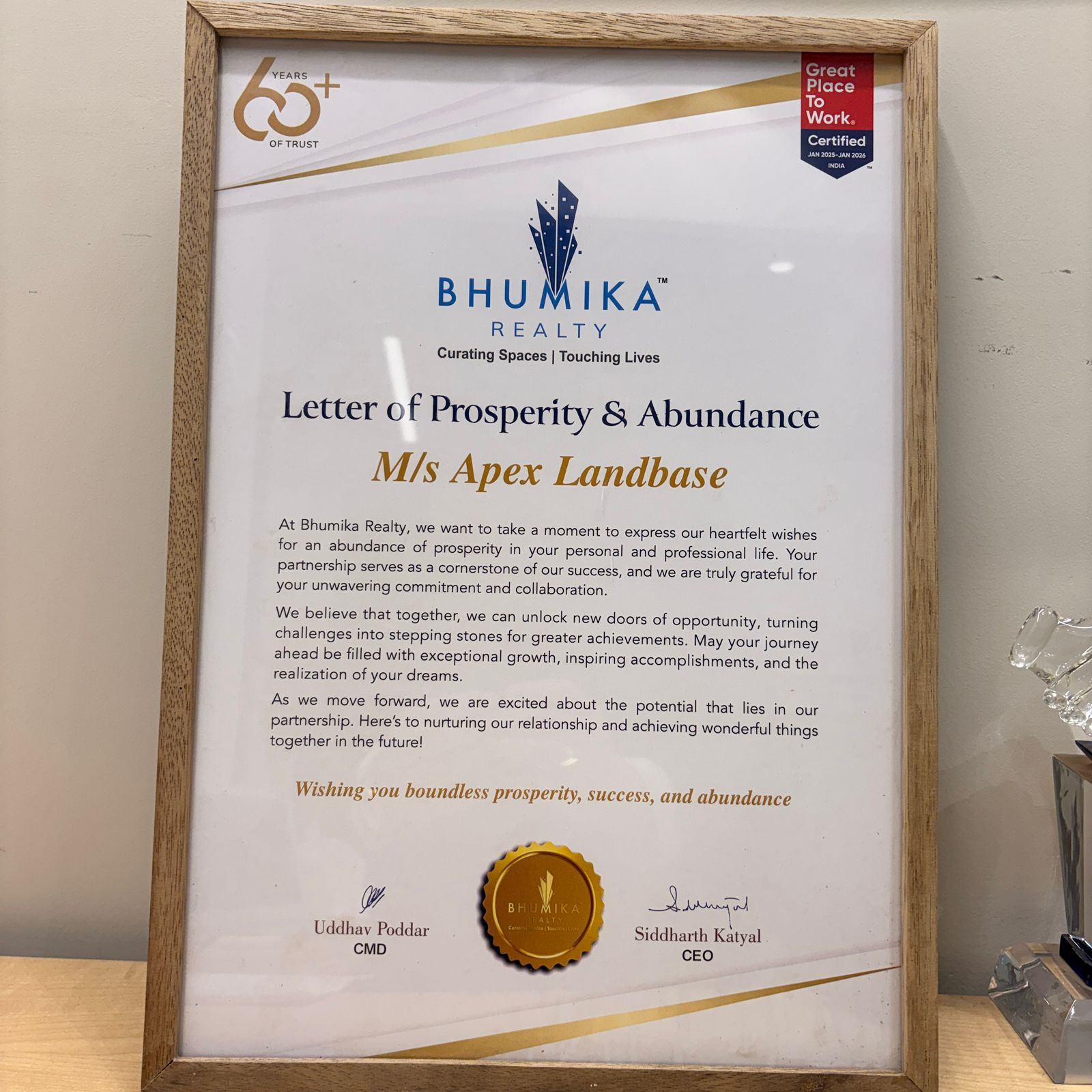 Bhumika Realty Letter of Prosperity